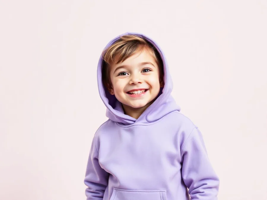 Stylish kids streetwear hoodie in lavender on a smiling child